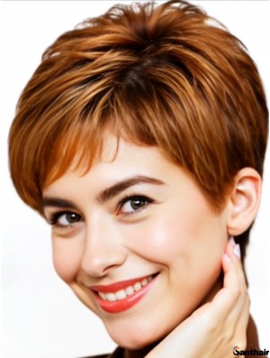 Kurzhaarperücke Echthaar Wellig 5 Zoll Damen Capless