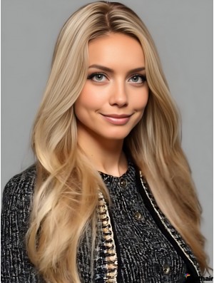 Echthaar Perücke Blonde 24 Zoll Wellig Damen Echt Haar