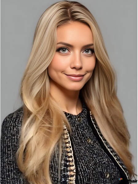 Echthaar Perücke Blonde 24 Zoll Wellig Damen Echt Haar