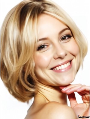 Echthaarperücke Bob Kinnlang Wellig Blond mit Spitze