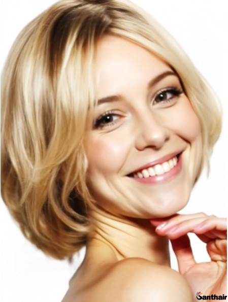 Echthaarperücke Bob Kinnlang Wellig Blond mit Spitze