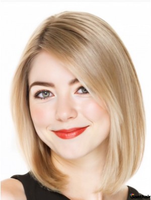 Blonde Bob-Perücke aus Echthaar, 12 Zoll, handgebunden