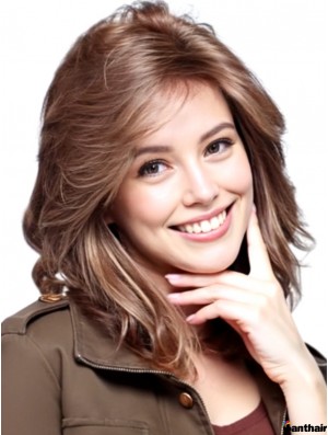 Echthaarperücke Schulterlang Wellig mit Pony Lace Front