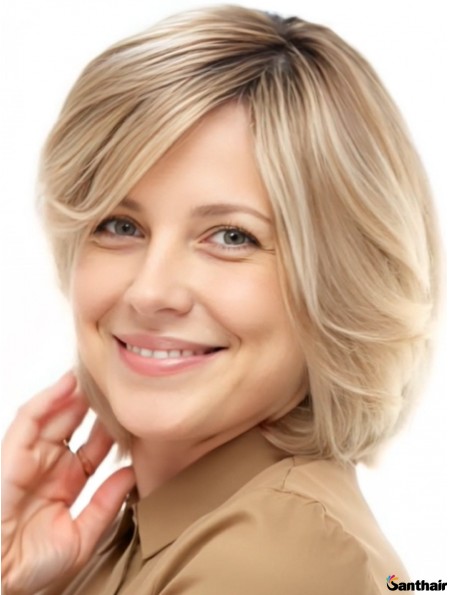 Monofilament Echthaarperücke Kurz Blond mit Pony Capless