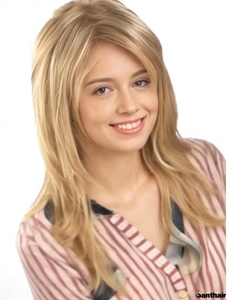 Lange Blonde Echthaarperücke Gerade Geschichtet Lace Front Mono