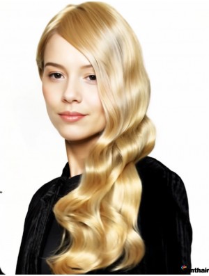 Echthaarperücke blond lang wellig ohne Pony Capless Damen