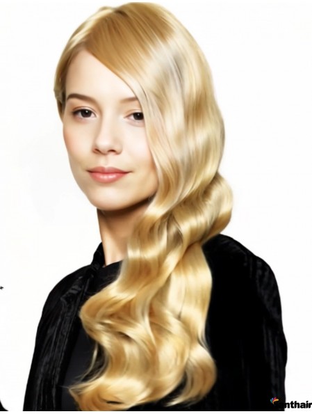 Echthaarperücke blond lang wellig ohne Pony Capless Damen