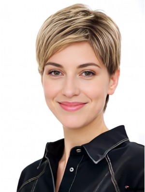Kurze Blonde Echthaarperücke 7 Zoll Gerade Boycut Lace Front